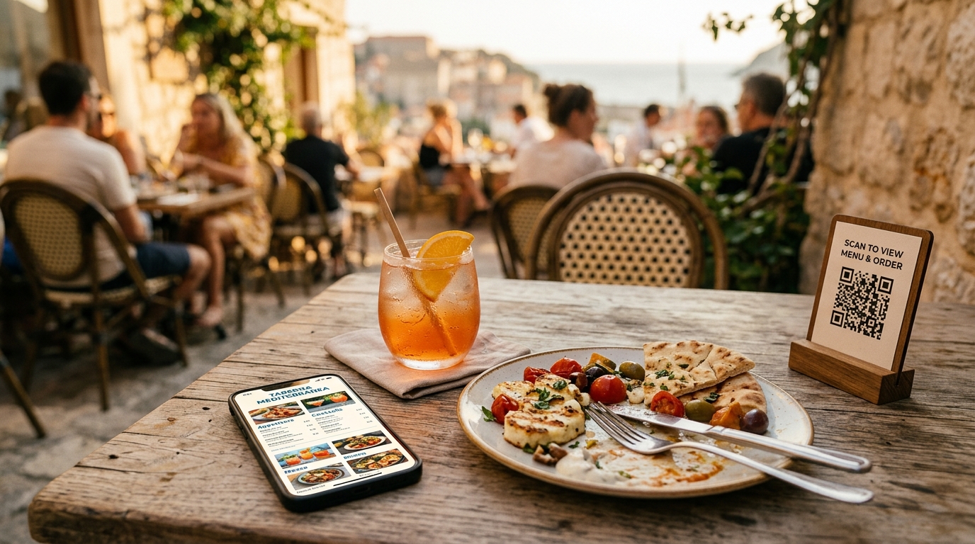 Mediterranean cafe terrace with a phone showing a digital menu and a QR-code scan card on the table